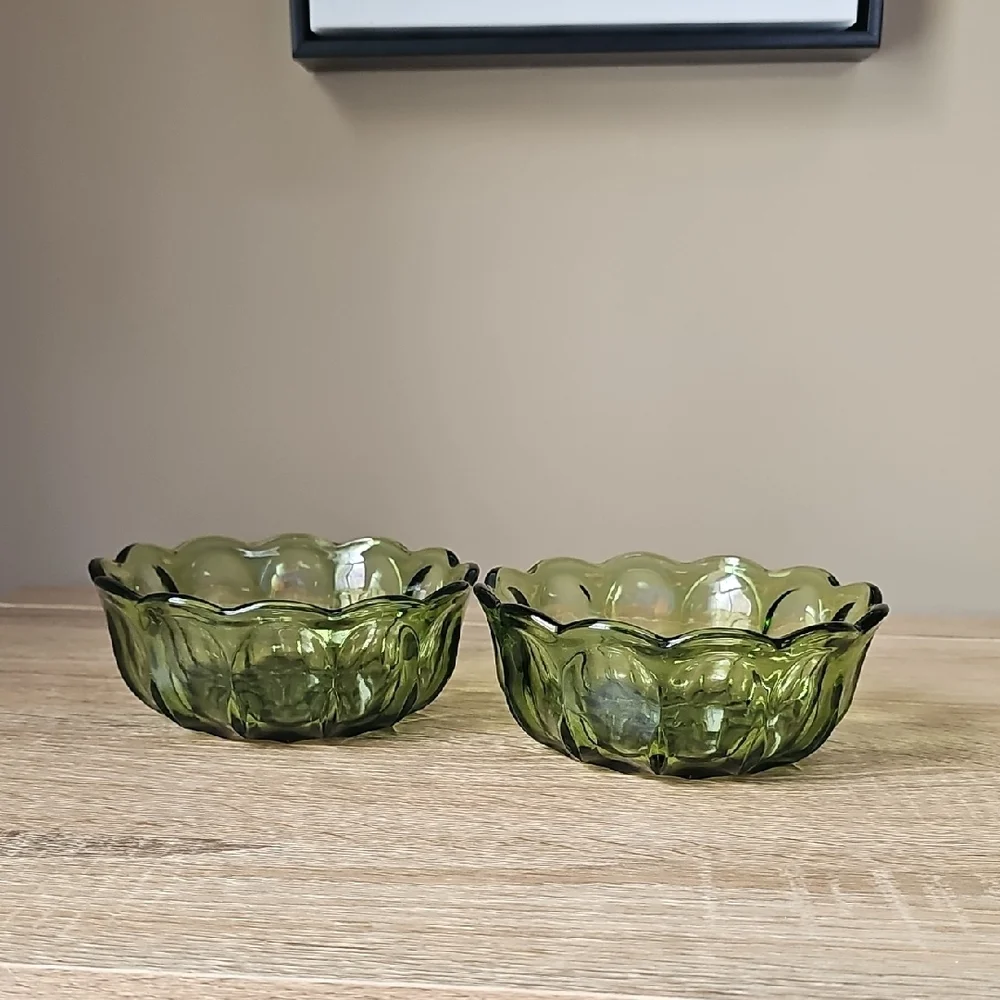 Pair Of Elegant Green Glass Bowls with Scalloped Design 6inch Diameter